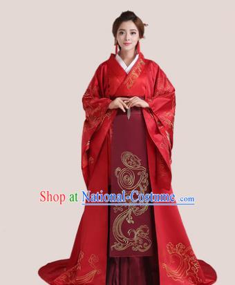 Traditional Chinese Han Dynasty Imperial Princess Wedding Costume, China Ancient Bride Hanfu Embroidered Clothing for Women