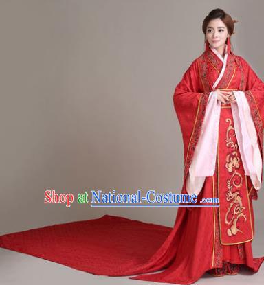 Traditional Chinese Han Dynasty Imperial Empress Wedding Costume, China Ancient Bride Hanfu Tailing Embroidered Clothing for Women