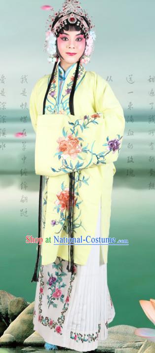 Chinese Beijing Opera Actress Embroidered Flowers Yellow Costume, China Peking Opera Diva Embroidery Clothing