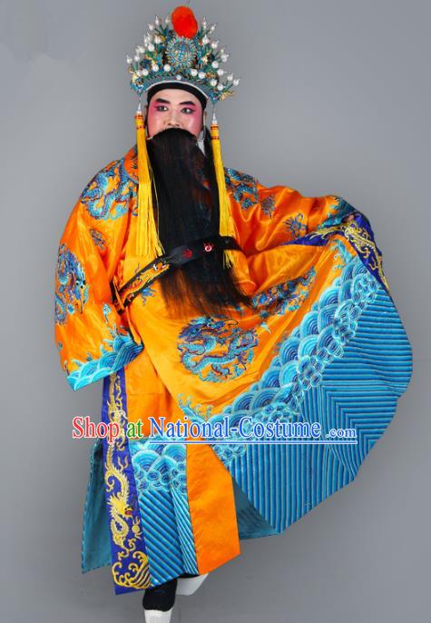 Chinese Beijing Opera Royal Highness Costume Dragons Embroidered Robe, China Peking Opera Prime Minister Yellow Gwanbok Clothing