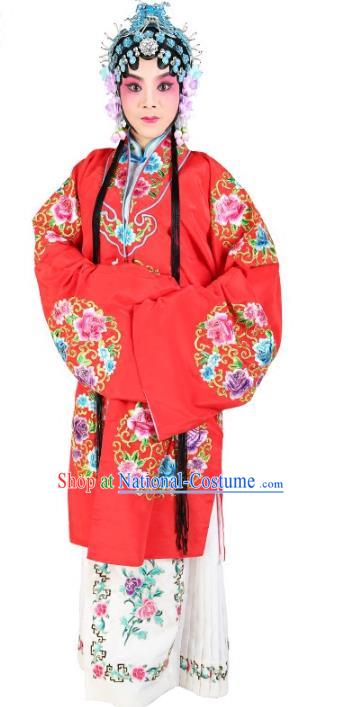 Chinese Beijing Opera Actress Embroidered Peony Flowers Red Costume, China Peking Opera Diva Embroidery Clothing