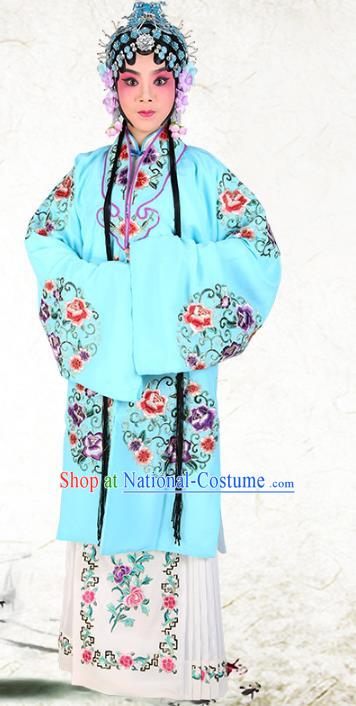 Chinese Beijing Opera Actress Embroidered Peony Flowers Blue Costume, China Peking Opera Diva Embroidery Clothing