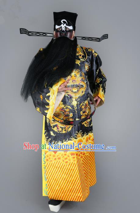 Chinese Beijing Opera Royal Highness Costume Dragons Embroidered Robe, China Peking Opera Prime Minister Black Gwanbok Clothing