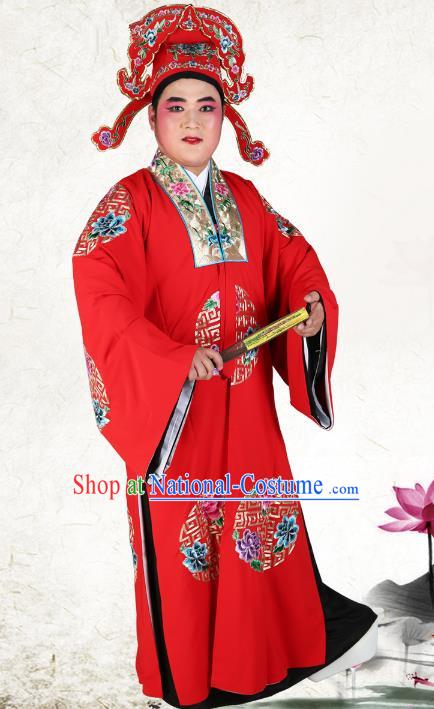 Chinese Beijing Opera Young Men Costume Red Embroidered Robe and Hats, China Peking Opera Scholar Clothing