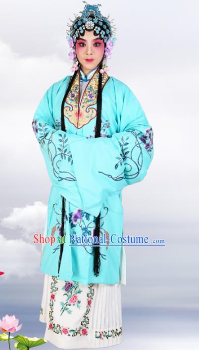 Chinese Beijing Opera Actress Nobility Lady Embroidered Blue Costume, China Peking Opera Diva Embroidery Clothing