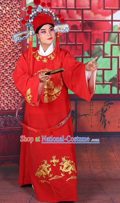 Chinese Beijing Opera Lang Scholar Costume Red Embroidered Robe, China Peking Opera Niche Clothing