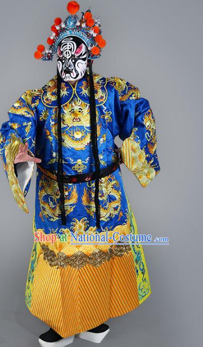 Chinese Beijing Opera Prime Minister Costume Blue Embroidered Robe, China Peking Opera Embroidery Dragon Gwanbok Clothing