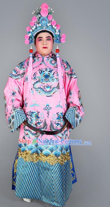 Chinese Beijing Opera Prime Minister Costume Pink Embroidered Robe, China Peking Opera Embroidery Dragon Gwanbok Clothing