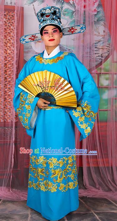 Chinese Beijing Opera Niche Costume Blue Embroidered Robe, China Peking Opera Scholar Embroidery Gwanbok Clothing