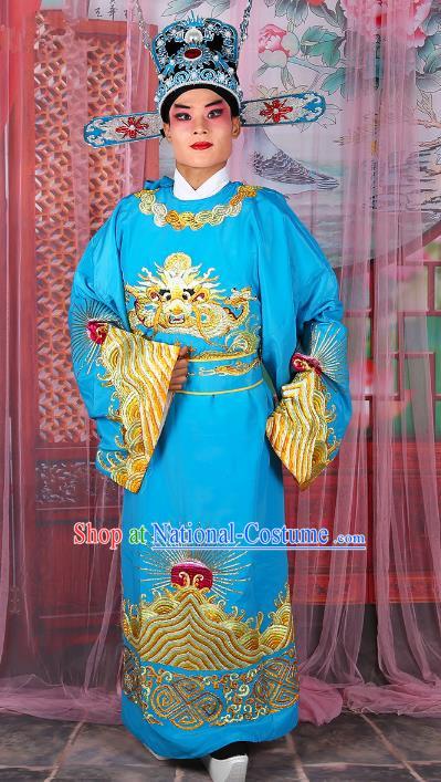 Chinese Beijing Opera Royal Highness Costume Blue Embroidered Robe, China Peking Opera Scholar Embroidery Gwanbok Clothing