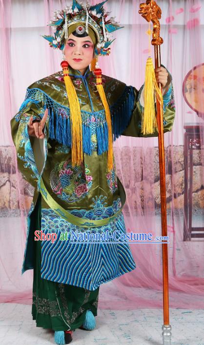 Chinese Beijing Opera Actress Old Women Costume Green Embroidered Robe, China Peking Opera Pantaloon Embroidery Clothing