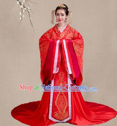 Traditional Chinese Han Dynasty Princess Wedding Red Costume, China Ancient Palace Bride Hanfu Embroidered Clothing for Women