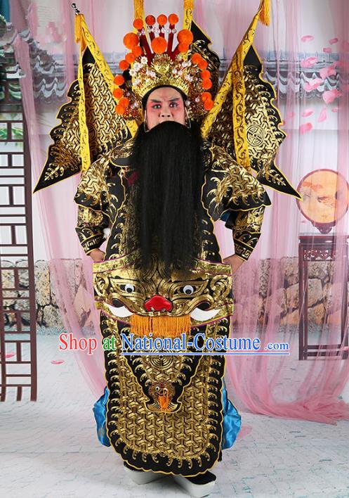 Chinese Beijing Opera General Costume Black Embroidered Robe, China Peking Opera Military Officer Embroidery Gwanbok Clothing