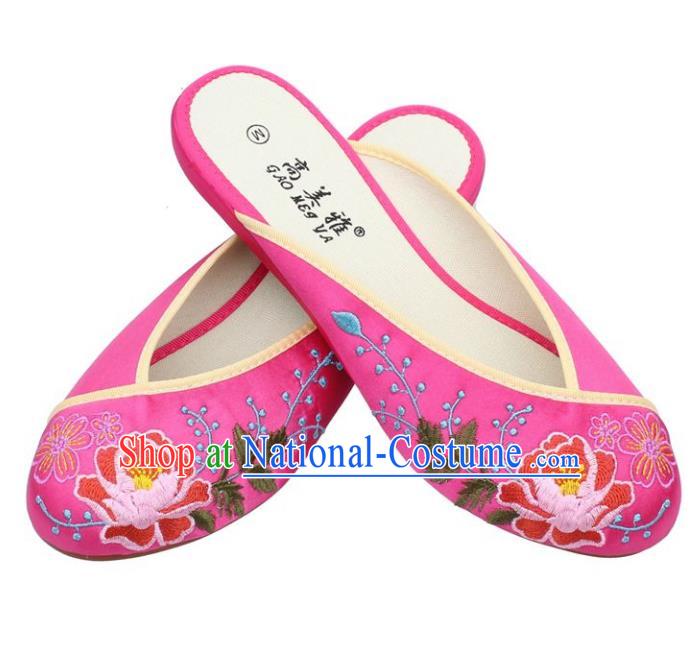 Traditional Chinese National Bride Pink Embroidered Shoes, China Handmade Embroidery Peony Hanfu Slippers for Women