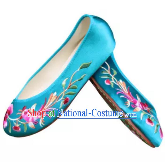 Traditional Chinese National Bride Blue Satin Embroidered Shoes, China Handmade Embroidery Phoenix Peony Hanfu Slippers for Women