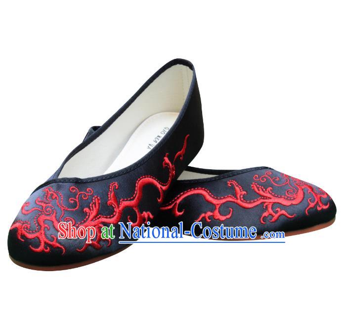 Traditional Chinese National Bride Black Satin Embroidered Shoes, China Handmade Embroidery Hanfu Slippers for Women