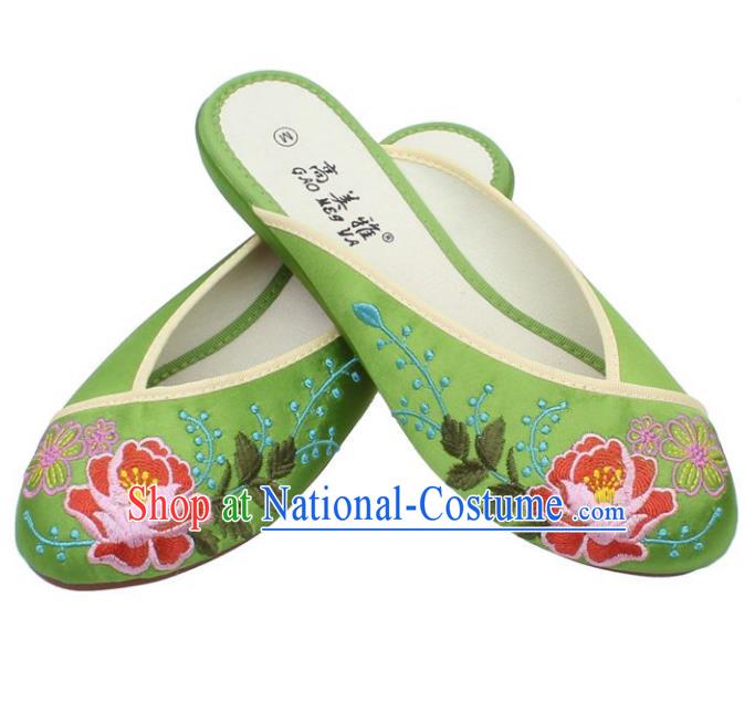 Traditional Chinese National Green Satin Embroidered Shoes, China Handmade Embroidery Peony Hanfu Slippers for Women