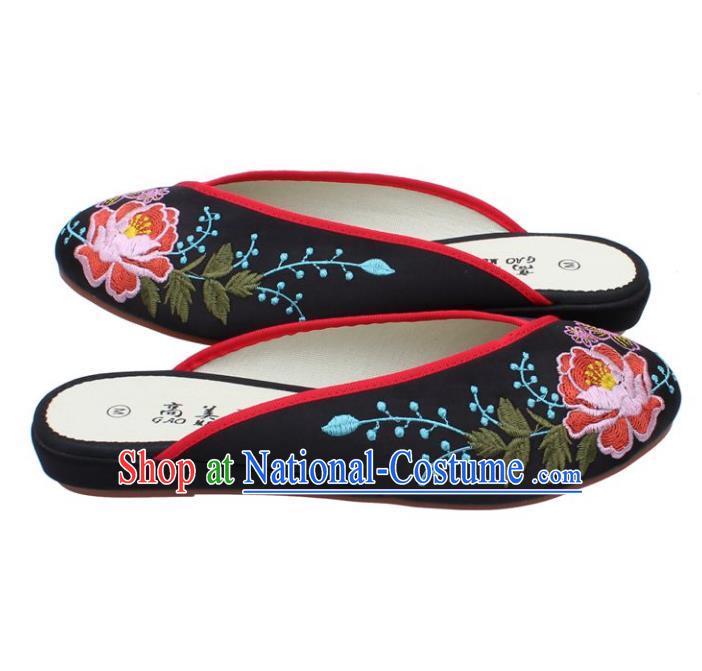 Traditional Chinese National Black Embroidered Shoes, China Handmade Embroidery Peony Hanfu Cloth Slippers for Women