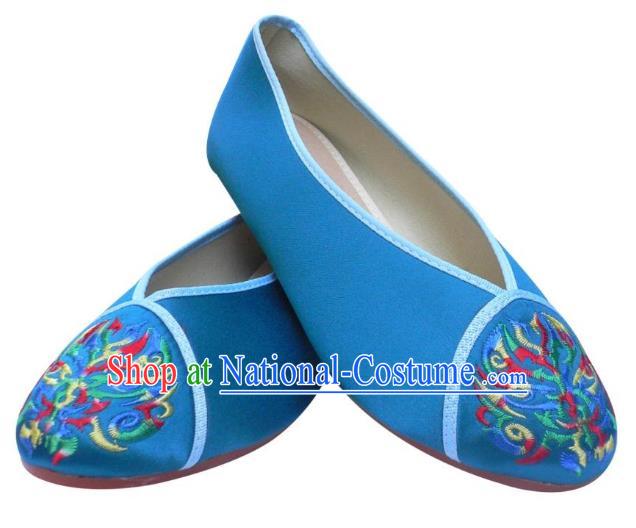 Traditional Chinese National Bride Blue Embroidered Shoes, China Handmade Embroidery Hanfu Cloth Shoes for Women