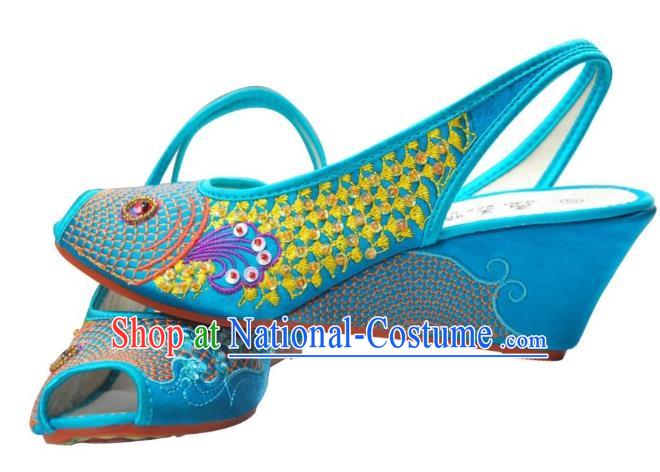 Traditional Chinese National Bride Blue Embroidered Sandal, China Handmade Embroidery Hanfu Wedge-soled Shoes for Women