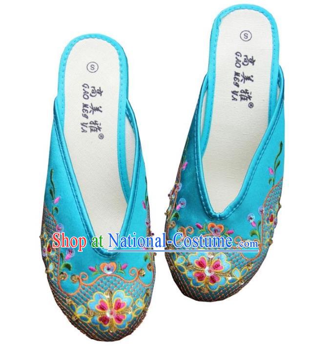 Traditional Chinese National Bride Blue Paillette Embroidered Slippers, China Handmade Embroidery Flowers Hanfu Shoes for Women