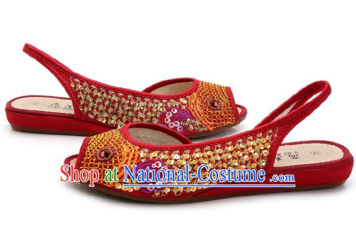 Traditional Chinese National Bride Red Paillette Embroidered Sandal, China Handmade Embroidery Flowers Peep-toe Shoes for Women