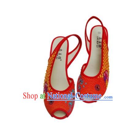 Traditional Chinese National Bride Dark Red Paillette Embroidered Sandal, China Handmade Embroidery Flowers Peep-toe Shoes for Women