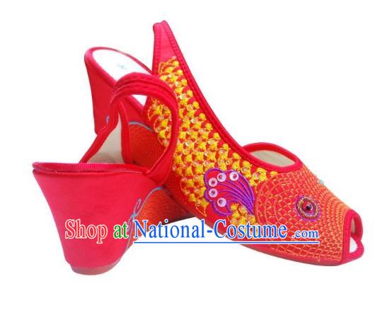 Traditional Chinese National Bride Red Paillette Embroidered Sandal, China Handmade Embroidery Flowers Peep-toe Shoes for Women