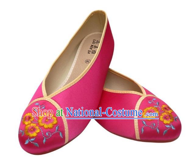 Traditional Chinese National Bride Rosy Cloth Embroidered Shoes, China Handmade Embroidery Flowers Hanfu Shoes for Women