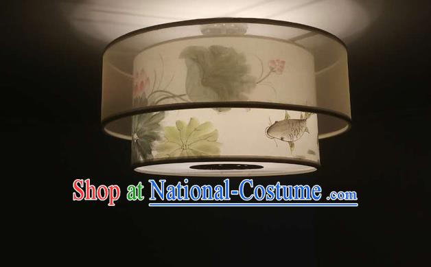 Traditional Chinese Handmade Sheepskin Painting Lotus Fish Palace Lantern China Ceiling Palace Lamp