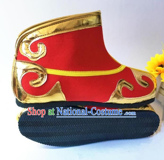 Traditional Handmade Chinese Peking Opera Takefu Red Boots Hanfu Handsome Monkey King Shoes for Men