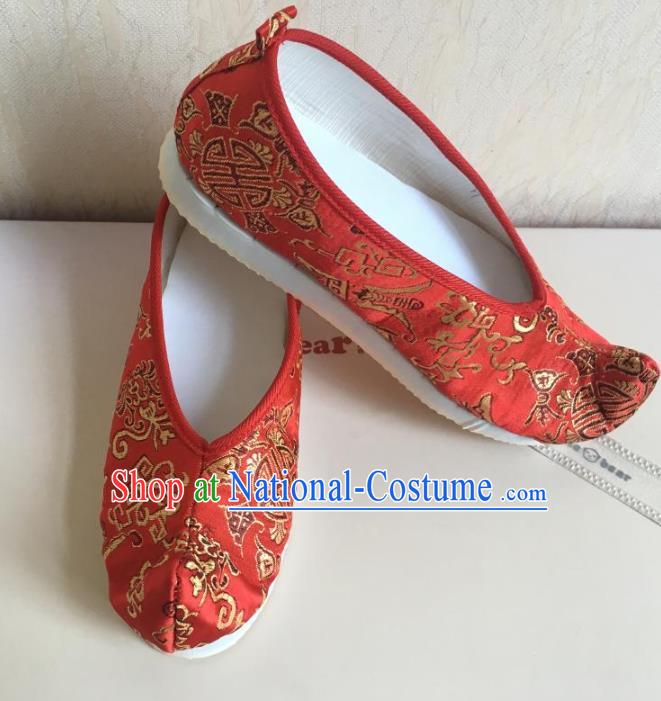 Traditional Chinese Ancient Han Dynasty Princess Embroidered Red Xiuhe Suit Blood Stained Shoes, China Handmade Hanfu Embroidery Wedding Shoes for Women