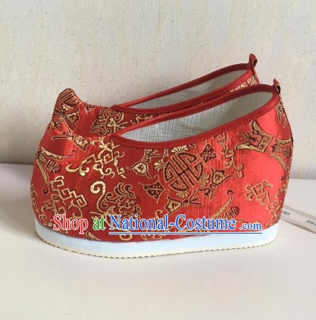 Traditional Chinese Ancient Han Dynasty Princess Embroidered Red Blood Stained Shoes, China Handmade Hanfu Embroidery Wedding Shoes for Women