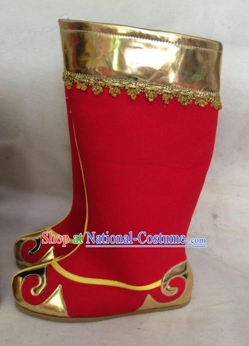 Traditional Chinese Ancient Peking Opera Takefu Embroidered Boots, China Handmade Hanfu Red Embroidery Shoes for Men