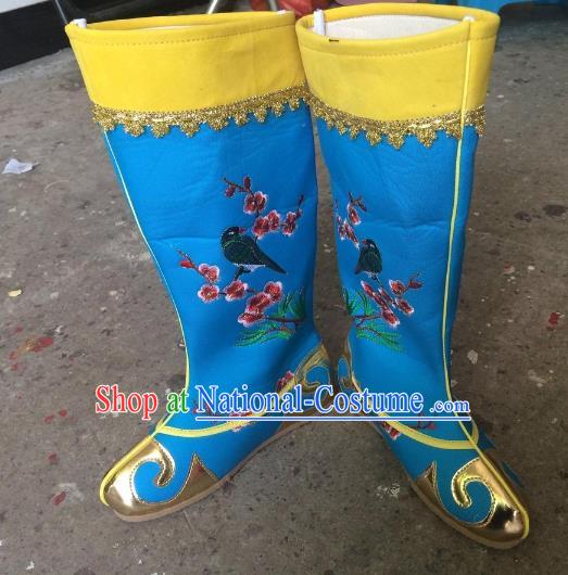 Traditional Chinese Ancient Peking Opera Emperor Embroidered Boots, China Handmade Hanfu Blue Embroidery Shoes for Men