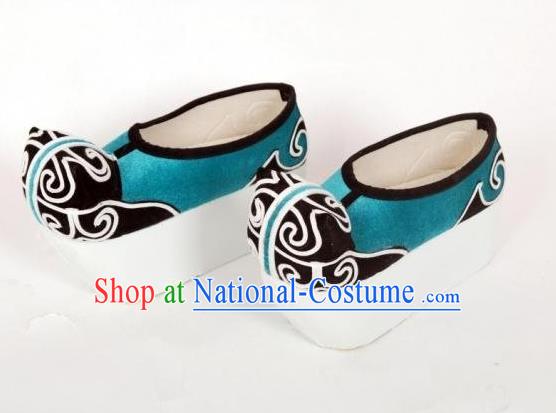 Traditional Chinese Ancient Peking Opera Niche Embroidered Shoes, China Handmade Hanfu Blue Embroidery Shoes for Men