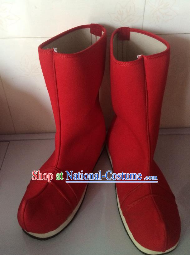 Traditional Chinese Ancient Peking Opera Takefu Red Boots, China Handmade Swordsman Hanfu Embroidery Shoes for Men