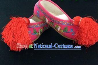 Traditional Chinese Ancient Rosy Blood Stained Shoes, China Handmade Peking Opera Diva Hanfu Embroidery Shoes for Women