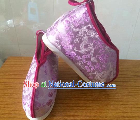 Traditional Chinese Ancient Swordsman Purple Satin Shoes, China Handmade Peking Opera Hanfu Embroidery Shoes for Women