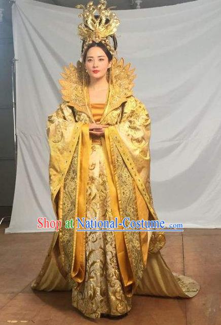 Traditional Ancient Chinese Tang Dynasty Imperial Empress Queen Embroidered Tailing Dress Costume and Headpiece Complete Set for Women