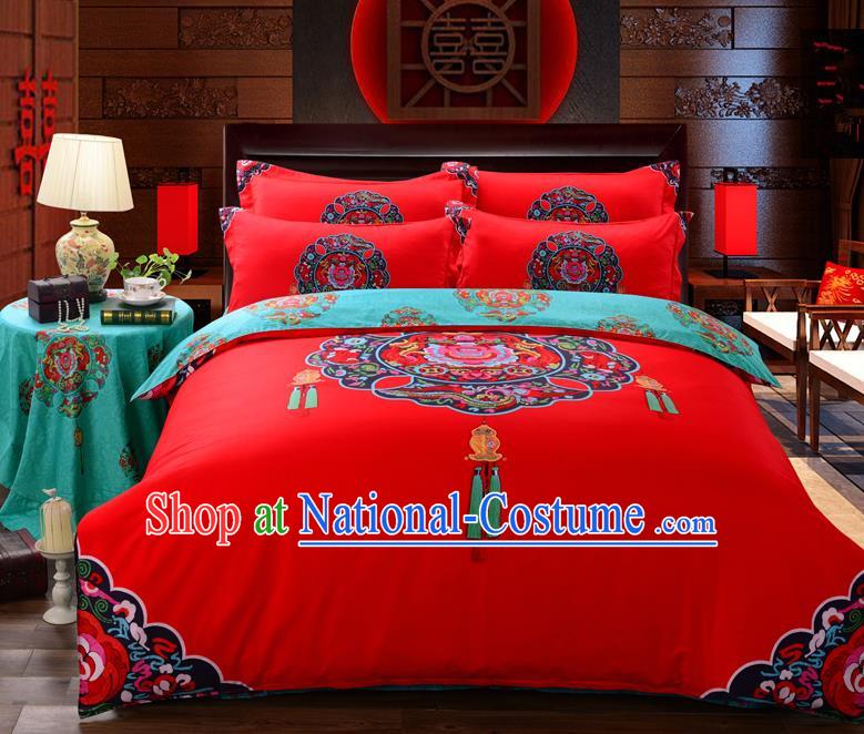 Traditional Chinese Style Wedding Bedding Set, China National Printing Red Textile Bedding Sheet Quilt Cover Complete Set