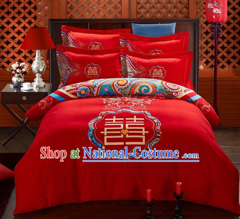 Traditional Chinese Style Wedding Bedding Set, China National Printing Character Xi Red Textile Bedding Sheet Quilt Cover Complete Set