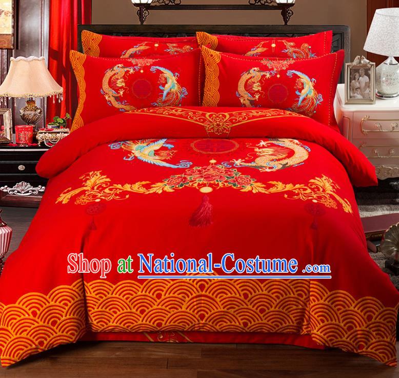 Traditional Chinese Style Wedding Bedding Set, China National Printing Dragon and Phoenix Red Textile Bedding Sheet Quilt Cover Complete Set