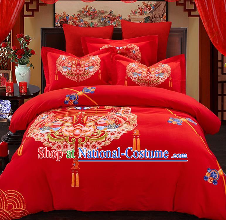 Traditional Chinese Style Wedding Bedding Set, China National Printing Peony Red Textile Bedding Sheet Quilt Cover Complete Set