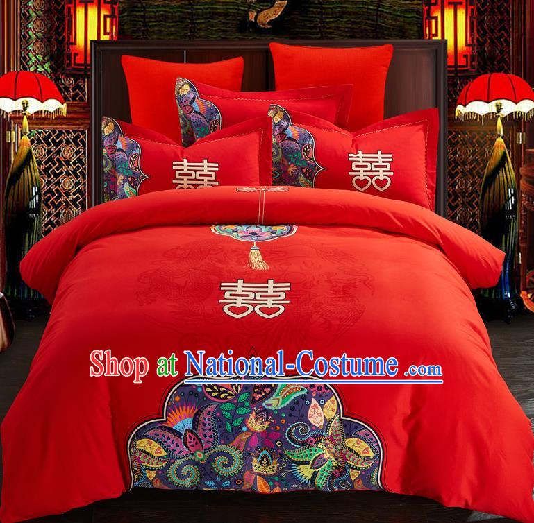 Traditional Chinese Style Wedding Bedding Set, China National Marriage Printing Red Textile Bedding Sheet Quilt Cover Complete Set