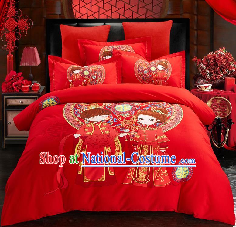 Traditional Chinese Style Wedding Bedding Set, China National Marriage Printing Red Textile Bedding Sheet Quilt Cover Complete Set