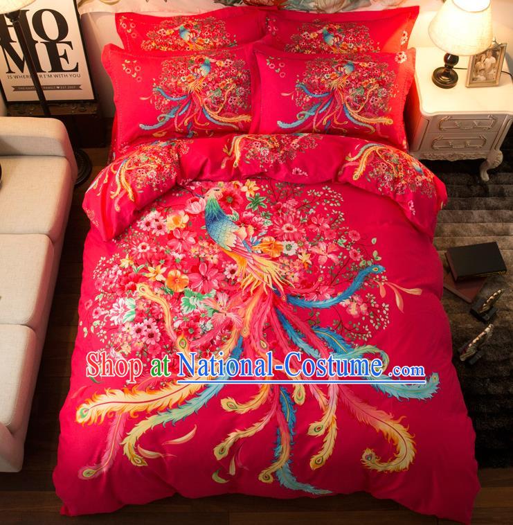 Traditional Chinese Style Wedding Bedding Set, China National Marriage Printing Phoenix Red Textile Bedding Sheet Quilt Cover Complete Set