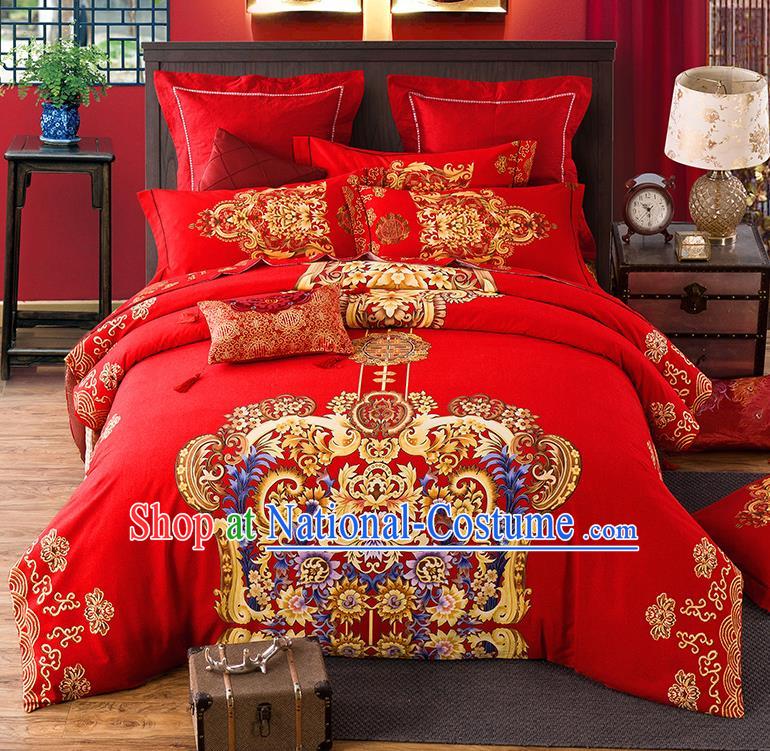 Traditional Chinese Style Wedding Bedding Set, China National Marriage Printing Flowers Red Textile Bedding Sheet Quilt Cover Complete Set