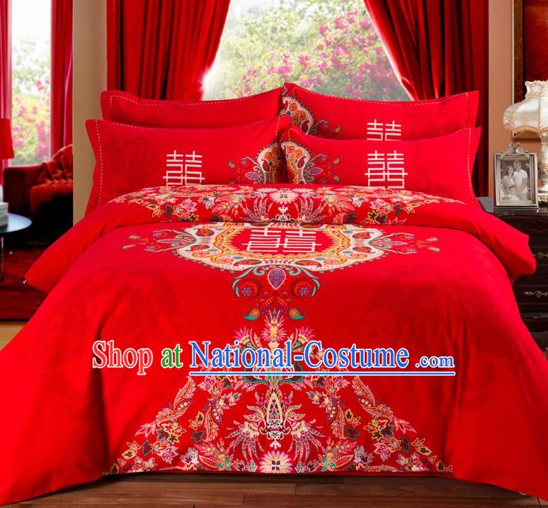 Traditional Chinese Style Wedding Bedding Set, China National Marriage Printing Red Textile Bedding Sheet Quilt Cover Complete Set