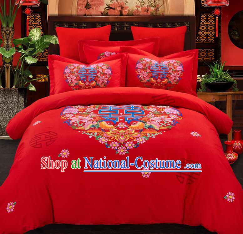 Traditional Chinese Style Wedding Bedding Set, China National Marriage Printing Mandarin Duck Red Textile Bedding Sheet Quilt Cover Complete Set